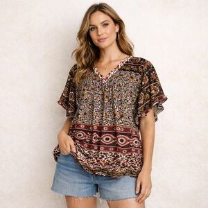Rachel Zoe Anthro Boho Floral Border Print Flutter Sleeve Top 100% Cotton M
